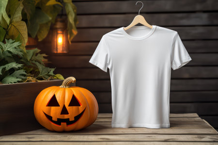 White women men kids t-shirt mockup with hanger, Halloween pumpkin decorate on clothing store shop background. Halloween Design t shirt template, POD, Print on demand, print presentation tee mock up.の素材
