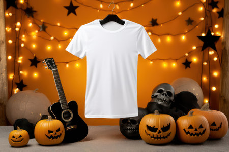 White women men kids t-shirt mockup with hanger, Halloween pumpkin party decorate on clothing store shop. Halloween Design t shirt template, POD, Print on demand, print presentation tee mock up.の素材