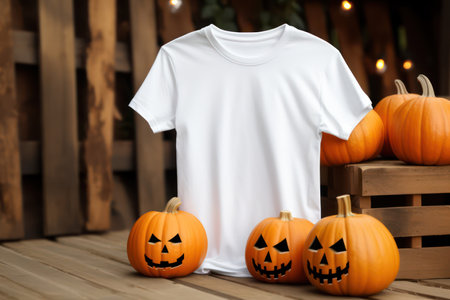 White women men kids t-shirt mockup with Halloween pumpkin decorate on clothing store shop background. Halloween Design t shirt template, POD, Print on demand, print presentation tee mock up.の素材