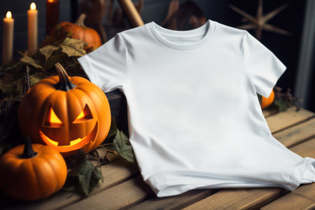 White women men kids t-shirt mockup with Halloween pumpkin on wooden background. Halloween Design t shirt template, POD, Print on demand, print presentation tee mock up. Autumn, thanksgiving conceptの素材