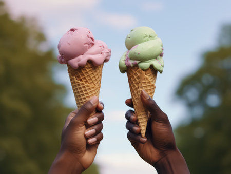 Hands holding melting ice cream waffle cone in hands on summer nature light background, cone of bright, tasty, refreshing, colorful, The concept of vacation.の素材