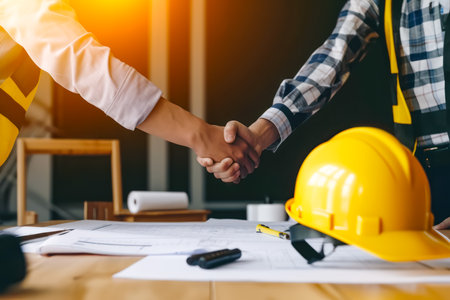 Engineering team shaking hands with yellow safety helmet on workplace desk. handshake of Construction team and architect or designer. Renovate, builder, plan, successful, cooperation, deal concept.の素材