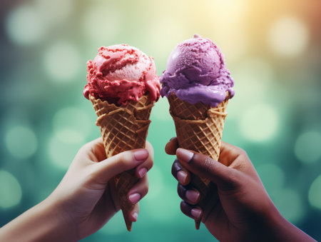 Hands holding melting ice cream waffle cone in hands, cone of bright, tasty, refreshing, colorful, Photo studio light with Bokeh Background.の素材