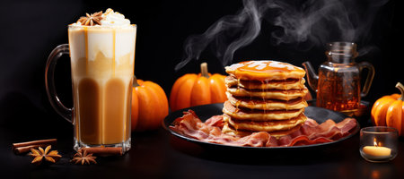 Pancakes, Homemade, Halloween concept. Close-up of Delicious and tasty pancakes stack with Iced Pumpkin Spice Latte, bacon, maple syrup, caramel, whipped cream, butter, cinnamon, Halloween pumpkin.の素材