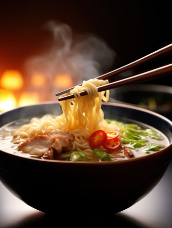 Pork bone Authentic Japanese Ramen, hot pork noodle soup with spicy chili and spring onions in clay bowlの素材