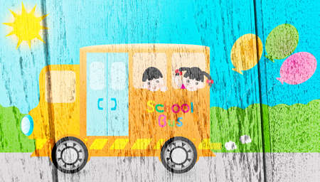 School bus on the road on wood background and wallpaper の写真素材