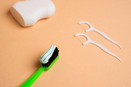 Teeth care. Toothpaste on toothbrush. Stomatology. Dental health concept. Dental care.の写真素材