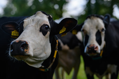 Holstein cows at pasture. Mature cow. Cows on a meadow. Black and white cow on green meadow. Cow...