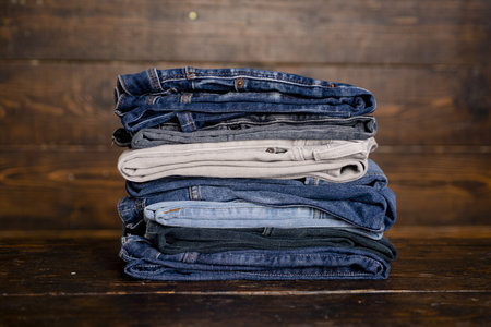 Jeans pants pairs. Denim pants background. Denim sales. Jeans fabric texture. Jeans trousers pants. Blue denim cloth. Denim texture. Jeans texture.の写真素材