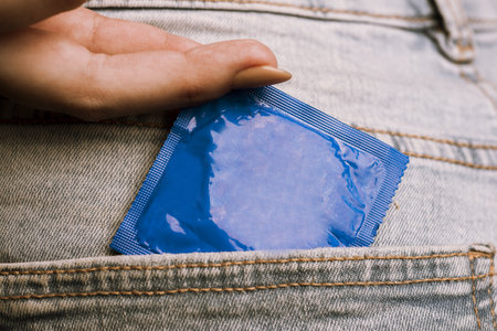 Condom in pocket. Safe sex concept. Condom contraception. Sex protection. Contraception concept. Condom protection. Latex Condom.の写真素材