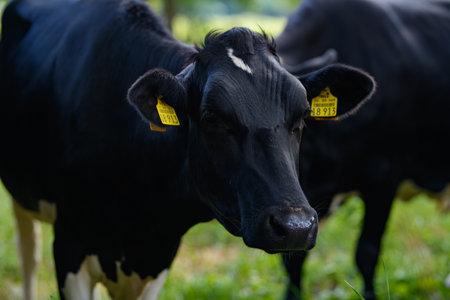 Holstein Cow herd. Cow herd at farm. Dairy cow herd in meadow. Cow farming. Black and white cows on...