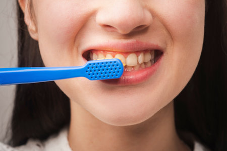 Toothbrush. Dental clinic. Teeth examined at dentists. Healthy woman teeth and toothbrush. Ideal teeth. Dental clinic background. Dental treatment.の写真素材