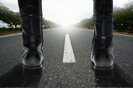 person in the shoes before a long journeyの写真素材