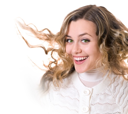 portrait of attractive caucasian smiling woman blond isolated on white studio shotの写真素材