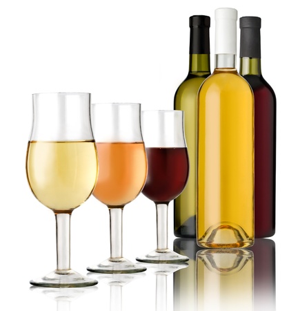 3 Glass  and 3 bottles wine on a white background の写真素材