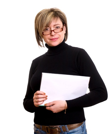 Portrait of happy smiling business woman with white folder, isolated on white backgroundの写真素材