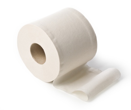 single roll of white rolled toilet paperの写真素材