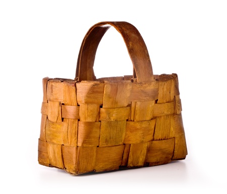 Empty weaved rustic wood basket with burlap liner isolated on whiteの写真素材