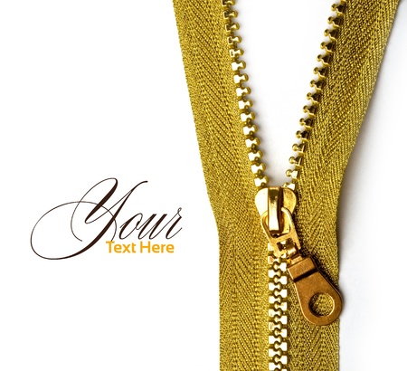 Unbuttoned gold zipper isolated on white, hi resolutionの写真素材
