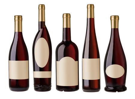  different shape red wine bottles with blank labels.の写真素材