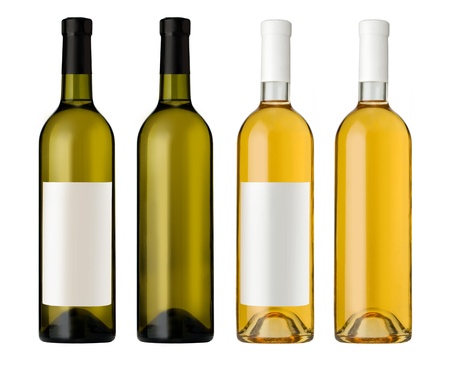 White wine bottle in clear glass bottle with blank label and no label on white backgroundの写真素材