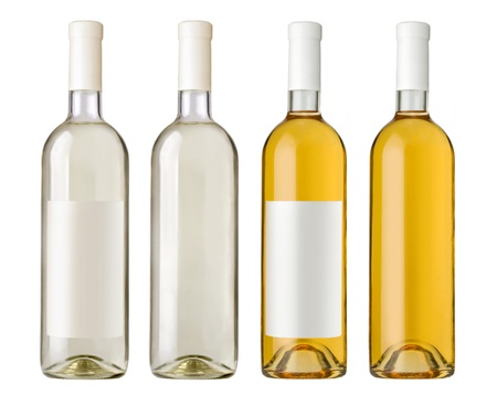 White wine bottle in clear glass bottle with blank label and no label on white backgroundの写真素材