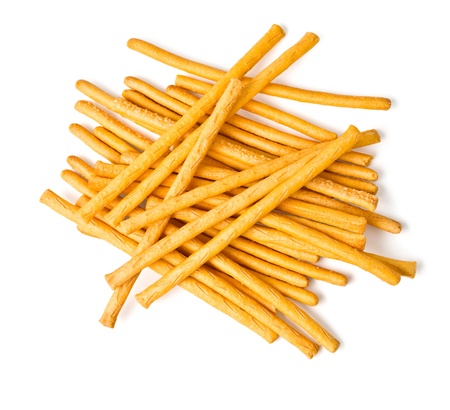 Salty baked breadsticks isolated on white 