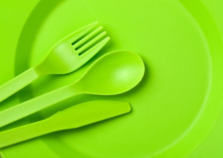 disposable tableware green close-upの写真素材