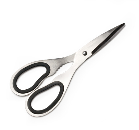 Kitchen scissors or shears, steel and black grey plastic on white background.With clipping path