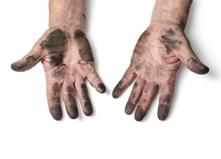 man with dirty hands isolated on white の写真素材