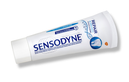 Mallorca, Spain-April 22,2016: Sensodyne repair and protect toothpaste on white,Sensodyne is a product by GlaxoSmithKlineのeditorial素材