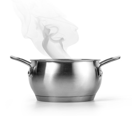 Boiling water in a pan over white background with clipping pathの写真素材