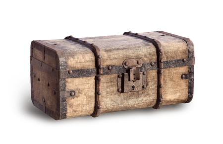 Old, worn and dirty steamer trunk isolated on white with clipping pathの写真素材