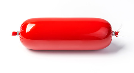 Blank salami and sausage packages isolated on white backgroundの写真素材