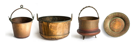 antique copper utensils isolated on white backgroundの写真素材