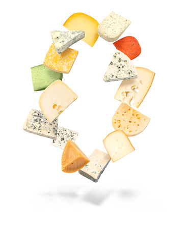 cheese flying  isolated  on white backgroundの写真素材