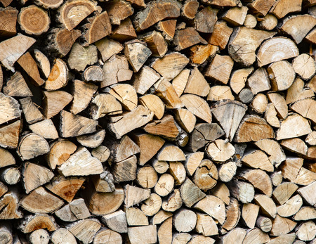 Preparation of firewood for the winter. firewood background, Stacks of firewood in the forest.