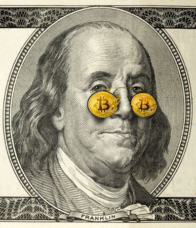 close-up portrait of Franklin with bitcoin glasses