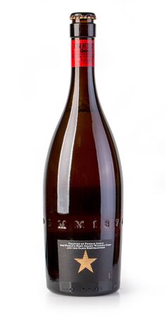 Chisinau, Moldova September 09, 2018: One bottle of Estrella Damm Inedit Witbier style beer 4.8%, 750ml. Brewed by Damm S. A. in Barcelona, Spain.のeditorial素材