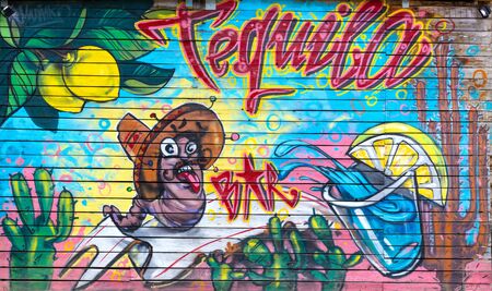 Veliko Tirnovo, Bulgaria June 16, 2018:Graffiti on the fence of bar,  Veliko Tirnovo, Bulgariaのeditorial素材