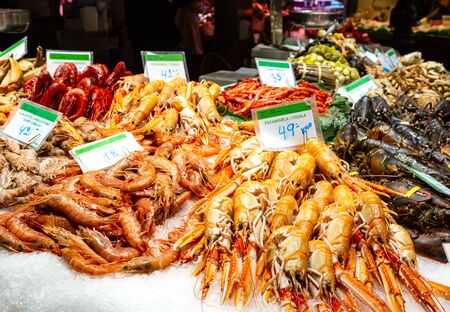 Barcelona, Spain December 15, 2018: seafood at marketplace, famous Boqueria food marketのeditorial素材