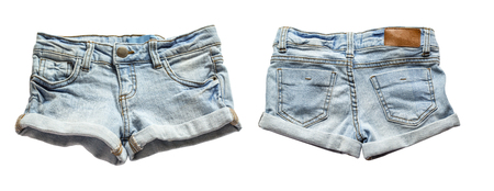 Ripped handmade jeans shorts isolated on white background.の写真素材