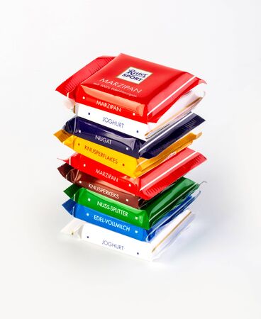 Chisinau, Moldova May 07, 2019: Ritter Sport chocolate bar isolated on white background. Ritter Sport was founded in 1912 in Stuttgart-Bad Cannstatt, Germanyのeditorial素材