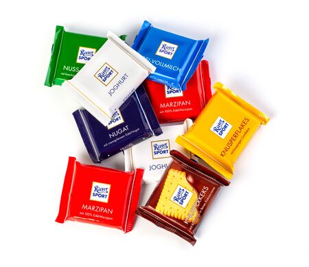 Chisinau, Moldova May 07, 2019: Ritter Sport chocolate bar isolated on white background. Ritter Sport was founded in 1912 in Stuttgart-Bad Cannstatt, Germanyのeditorial素材