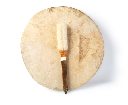 Top view of drum leather isolated on white background.の写真素材