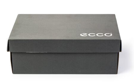 Chisinau, Moldova June - 26, 2019: Ecco brand logo printed on the shoe box isolated on white