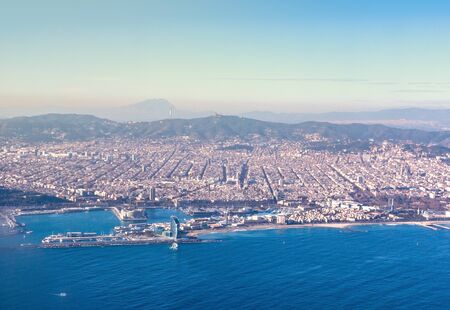 View above Barcelona Mount Tibidabo on the background. Sunset.の写真素材