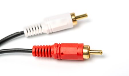 audio jack with black cable isolated on white backgroundの写真素材