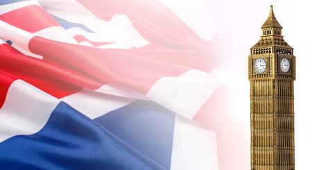 British union jack flag and Big Ben Clock Tower at city of Westminster in the background with copy spaceの写真素材