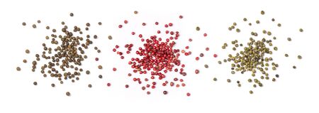 peppers hot,black, red, green pepper isolated on white background. Top view